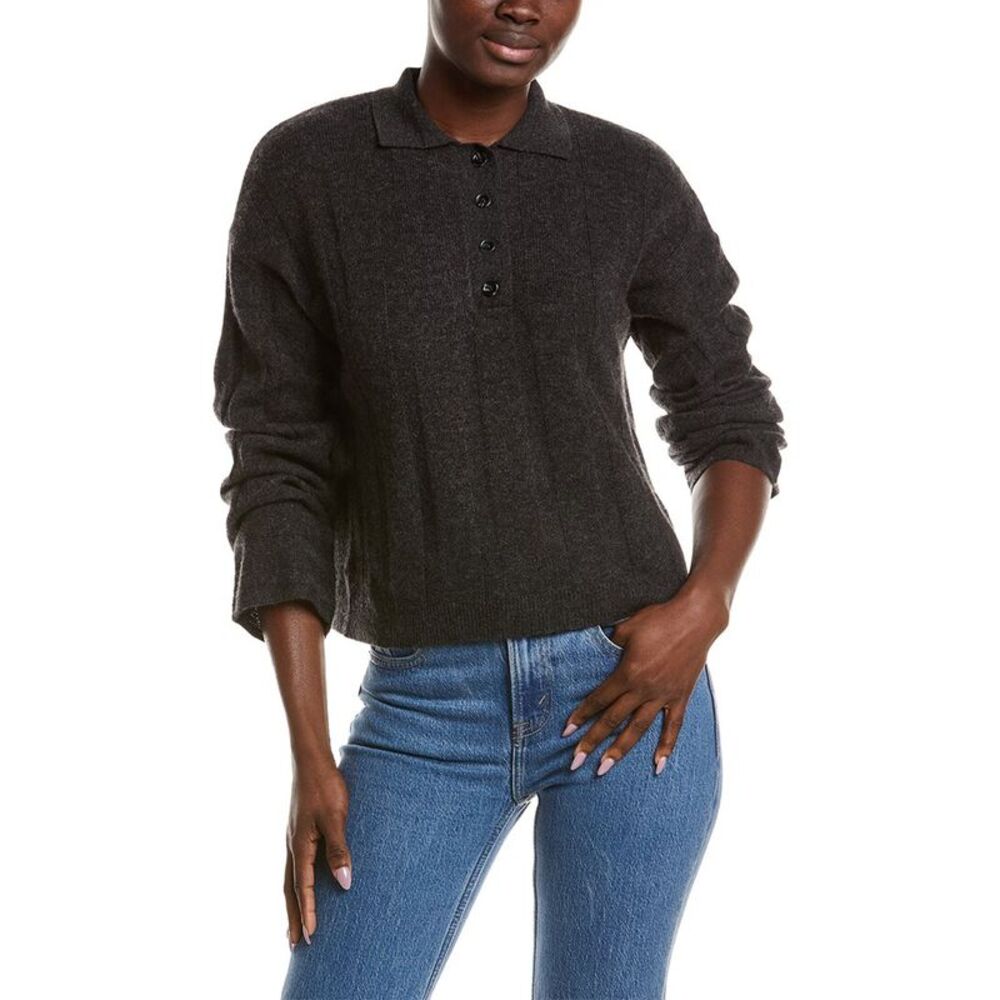 Naadam Womens  Coastal 100% Cashmere Ribbed Polo Sweater, Gray